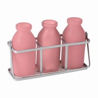 Rekje van metaal met 3 roze flesjes van glas
