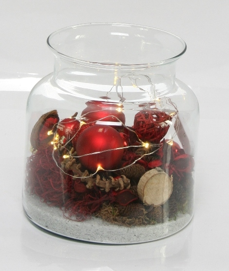 Kerst Arrangement rood met lichtjes in glas